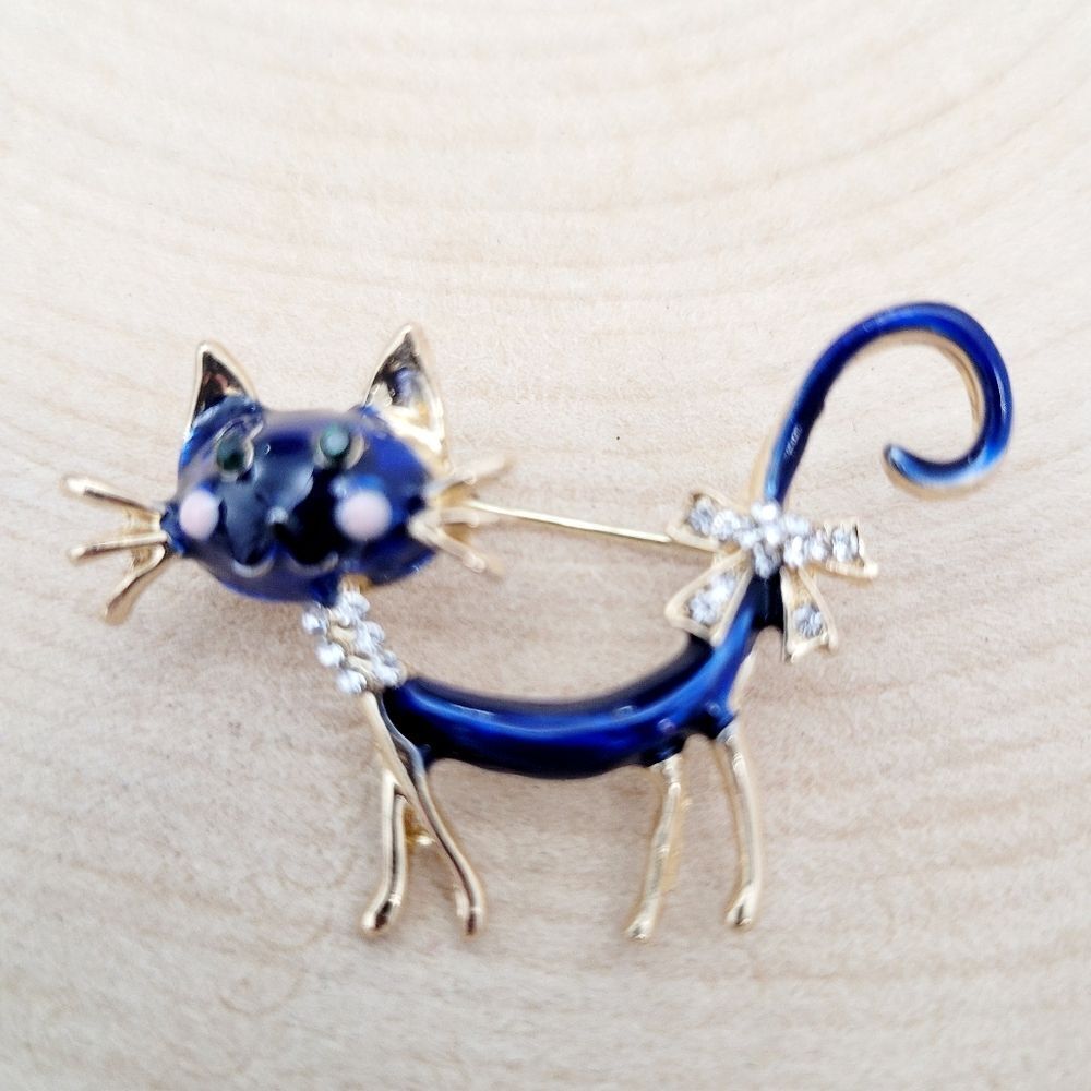 Brand New Gold Tone Blue Cat Rhinestone Brooch Pin - Picture 3 of 7